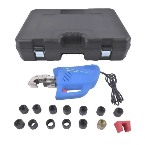 Built Like A Tank 15 Ton Hydraulic Crimping Tool With 14 Die Set Professional Grade For 9 Awg To 800 MCM Cable, blue tool and case.
