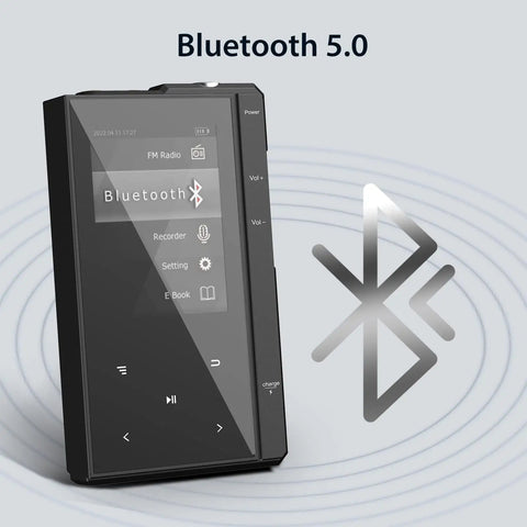 32GB MP3 Player With 90 Hours Battery Life, Bluetooth 5.0, Rugged Metal Frame, showing Bluetooth connectivity icons