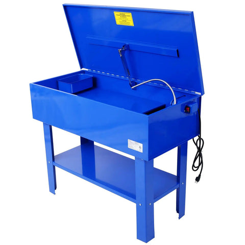 40 Gallon Heavy Duty Parts Washer Equipped With 24 Gallon Solvent Reservoir And High Flow 5 GPM Pump in blue with opened lid.