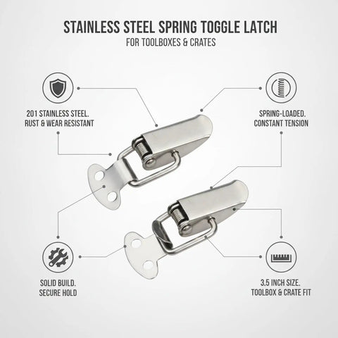 Beefy Heavy Duty Stainless Steel Spring Toggle Latch For Toolboxes And Crates with features labeled, 201 stainless steel, 3.5 inch size