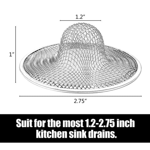Heavy Duty Stainless Steel Mesh Sink Strainer Set Of Ten, Precision Bottomless Hair And Gunk Catcher Filter For Kitchen Bath Shower And Floor Drains showing dimensions.