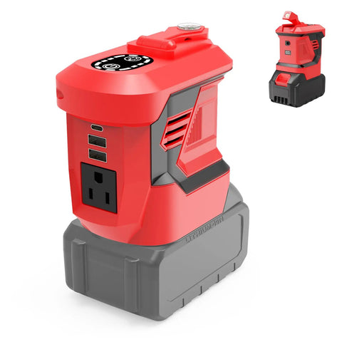 Hit The Road With Heavy Duty Juice From This 300W Portable Power Inverter For Makita 20V And 18V Batteries Converting DC To AC 110V For Camping Featuring Type C And Dual Usb Ports With A Cool Led, red power inverter with USB ports.