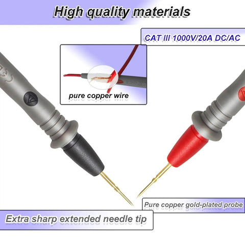 Pro Grade Multimeter Test Leads Kit With 1000V 20A Capacity 40.5 Inch Silicone Probes And Ultra Sharp Gold Plated Tips shown