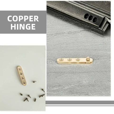 Hidden Pivot Door Hinges With Sleek Gold Finish, 8 Piece Copper Set displayed on gray and white background
