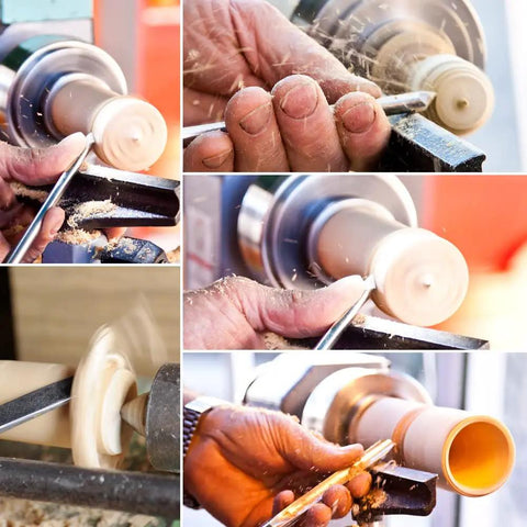 Crafting with Top Tier Tungsten Carbide Wood Lathe Turning Inserts 16 Piece Heavy Duty Replacement Set during wood turning.