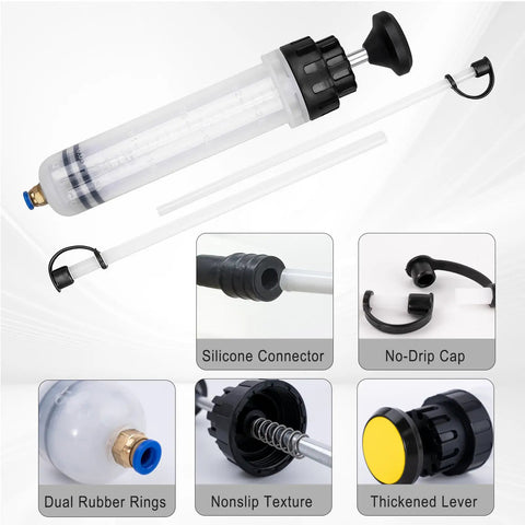 Professional Heavy Duty Manual Oil Extractor Pump With Slick No Drip Suction 200CC features clear graduation scale and dual PVC hoses.