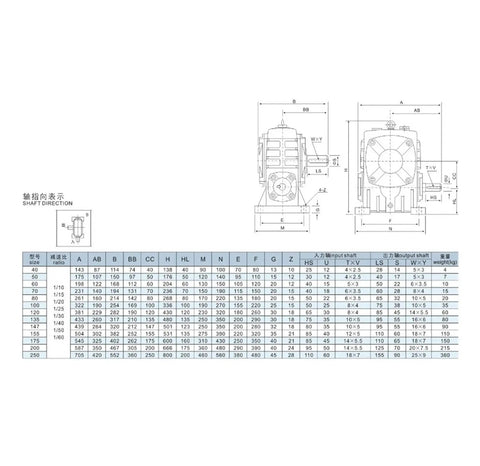 Technical diagram of Compact Worm Gear Reducer for Industrial Gearbox Applications with dimensions and specifications