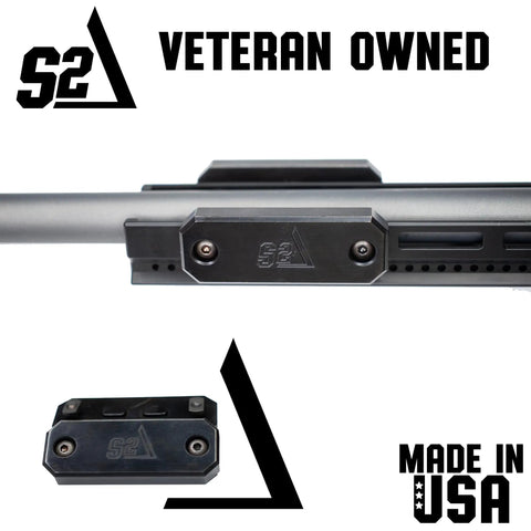 External Forend Weight Kit For M-LOK Rails, 12 Oz Nitride Coated Carbon Steel shown on rail with 'Veteran Owned' text