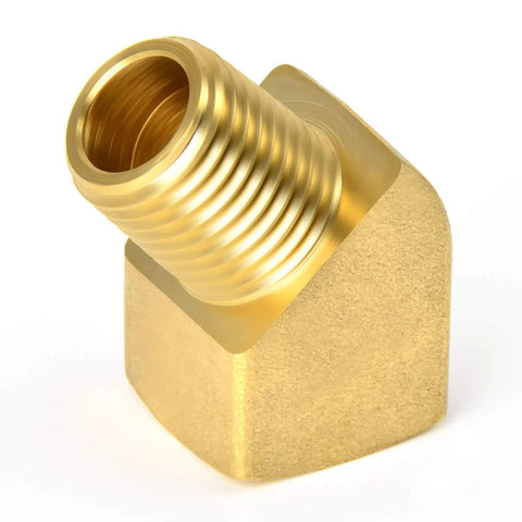 Two Pack 45 Degree Street Elbow Brass Pipe Fittings Half Inch NPT Female To Half Inch NPT Male Heavy Duty Brass Beefy Threads 150 PSI