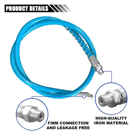 Spring Guard Flex Grease Gun Hose One Eighth Inch NPT Thread Extension Thirty Nine Inch Long Non Slip With Six Inch Angled Tube Grease Couplers And Sharp Type Nozzle Heavy Duty 10000 PSI High Pressure Grease Gun Accessories Kit Two Pack showing blue hose and metal connectors