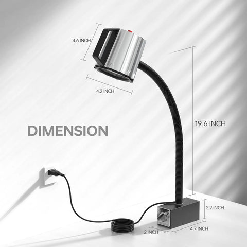 Dimensions of 18W LED Lathe Light With 1800 Lumens, Flexible Magnetic Mount Work Lamp For CNC Milling Machines, Aluminum Body