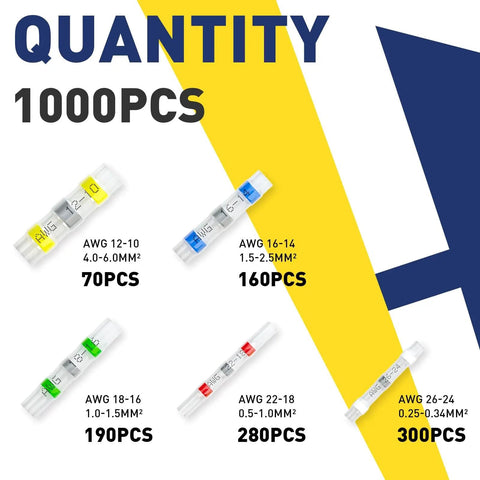 Heavy Duty Solder Seal Wire Connectors Kit With Heat Shrink Marine Grade, 1000Pcs, AWG 26 to 10, 5 Colors and 5 Sizes, Weatherproof