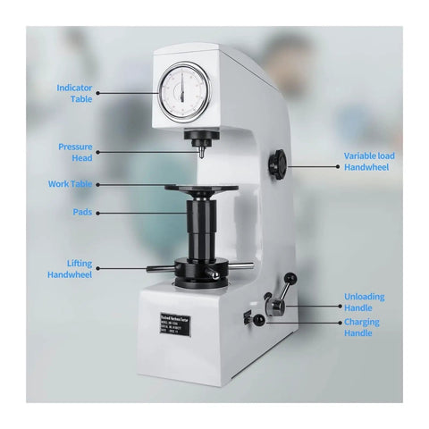 Top Shelf Rockwell Hardness Tester Benchtop Scale With HRC HRA HRB Scales 150 Kgf Max Load showing pressure head and work table.