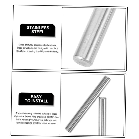 Stainless Steel Dowel Pins 100 Pcs Pro Grade Precision Fastening Pegs For Industrial Machinery Electronics And Automotive Applications Cylindrical Design Easy Installation Durable Humidity Resistant Pins For Tight Fits; image showing close-up view of polished cylindrical stainless steel dowel pins with installation instructions.