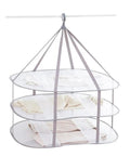 Three Tier Mesh Clothes Drying Rack With Foldable Sweater Hanger For Zero Sweat Quick Dry Setup And Hella Sturdy Heavy Duty Home Laundry Portable Solution, featuring three spacious mesh layers.
