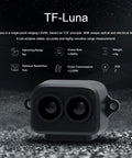 TF LUNA LiDAR Module Distance Sensor For Arduino And Pixhawk; black dual lens, compact casing, range indicators, plug and play design.