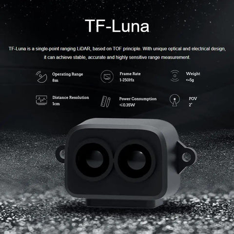 TF LUNA LiDAR Module Distance Sensor For Arduino And Pixhawk; black dual lens, compact casing, range indicators, plug and play design.