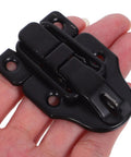 Retro Metal Toggle Hasp Latch Set With Lock Hole 6 Pack For Wooden And Metal Boxes shown in hand, black metal latch