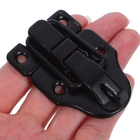 Retro Metal Toggle Hasp Latch Set With Lock Hole 6 Pack For Wooden And Metal Boxes shown in hand, black metal latch