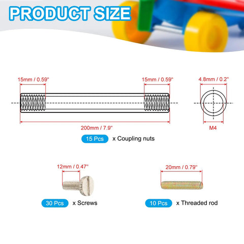 Round Coupling Nuts Kit 200mm Long M4 Threaded Connector Bar Hardware with Heavy Duty Fully Threaded Rods and Slotted Screws