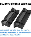 Top Shelf 4 Inch Aluminum Vise Jaw Pads Featuring Hella Strong Magnets And Reversible Design Provide Zero Mark Protection For Pipes And Delicate Parts Shop Floor Essential Covers That Keep Your Bench Vice Running Smooth All Day. Black anodized aluminum jaw pads with delicate grooves for secure grip.