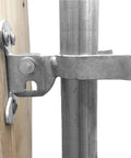 Hella Sturdy Galvanized Wall Mount Fork Gate Latch fits 1 7 8 Inch Chain Frames mounted on wood, used for secure installations.