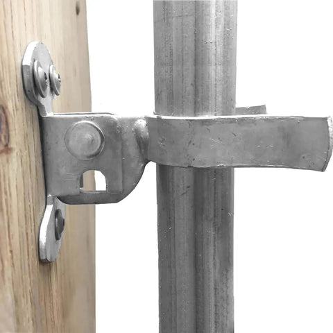 Hella Sturdy Galvanized Wall Mount Fork Gate Latch fits 1 7 8 Inch Chain Frames mounted on wood, used for secure installations.