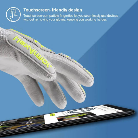 Impact Protection Safety Gloves With Polyurethane Palm Coating A4 Cut Level 13 Gauge Seamless Knit Touchscreen Compatible Helix 1074IMP