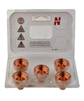Heavy Duty 5-Pack Plasma Cutter Shield Caps in a case, robust copper build, designed for Hypertherm 65 and 85 models.