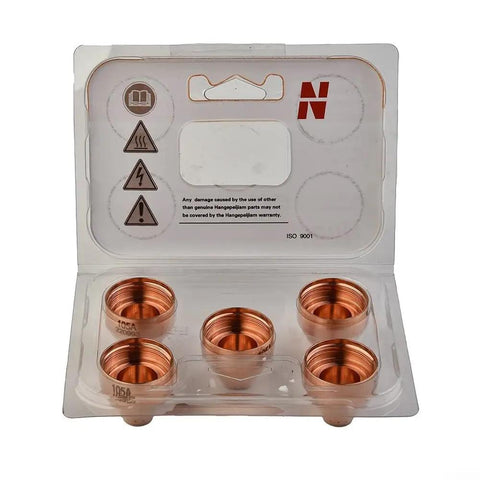 Heavy Duty 5-Pack Plasma Cutter Shield Caps in a case, robust copper build, designed for Hypertherm 65 and 85 models.
