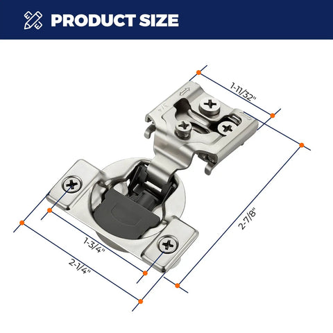 20 Pack 10 Pairs Three Quarter Inch Overlay Satin Nickel Soft Close Cabinet Hinges dimensions showing size and design details.