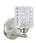 Single fixture detail of Four Light Metal Bathroom Vanity Wall Light Fixture In Brushed Nickel With Clear Glass Shades 31 And A Half Inches Wide