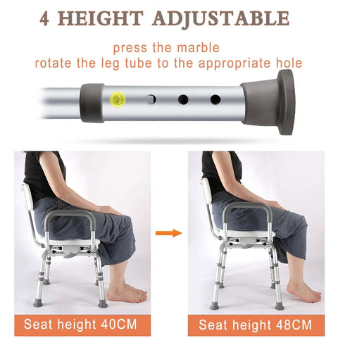 Height adjustment feature of the 360 Degree Swivel Shower Chair For Tub And Shower, with images showing 40cm and 48cm seat heights.