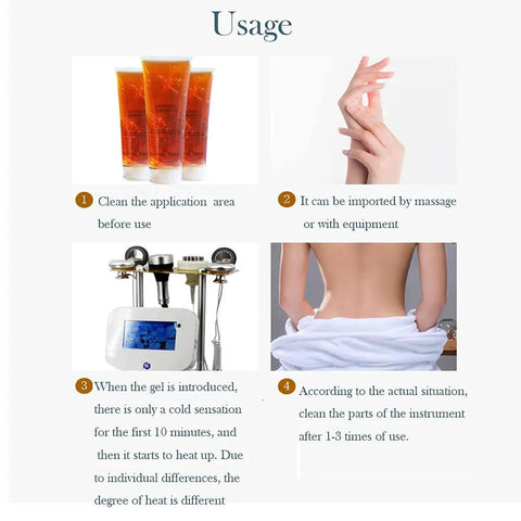 RF Slimming Conductive Gel For Body Shaping And Lifting Machines Hot Gel For Firming Skin Hydration 10.58 Oz Water Based Formula Dope With RF Technology For Home Spa Treatments. Usage steps for RF gel with massage device and body shaping