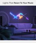 Lines LED Wall Lights Expansion Pack, 3 Panel RGBW Smart Geometry Light Bars illuminating living room wall above sofa