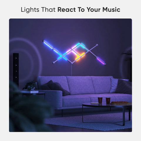 Lines LED Wall Lights Expansion Pack, 3 Panel RGBW Smart Geometry Light Bars illuminating living room wall above sofa
