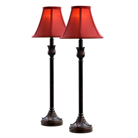 Buffet Table Lamps Set Of 2 With Bronze Finish And Burgundy Fabric Shade, 25.75 Inches Tall, suitable for home decor
