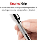 Close-up of knurled grip on 3/8 Inch Drive Extension Set Four Piece With 1 3 6 10 Inch Lengths, chrome plated beveled drive ends.