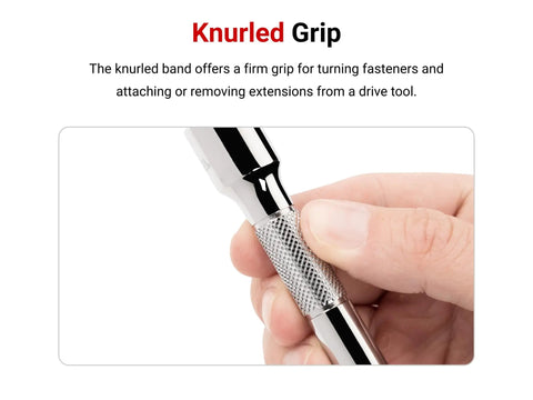 Close-up of knurled grip on 3/8 Inch Drive Extension Set Four Piece With 1 3 6 10 Inch Lengths, chrome plated beveled drive ends.