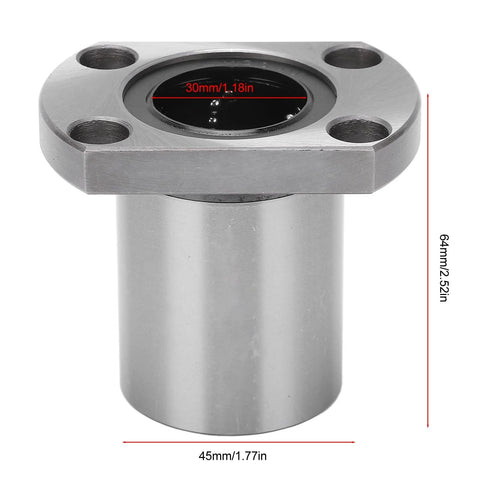 Front view of a silver flange linear bearing with a 30 mm bore and four mounting holes.