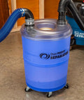 Rockler Dust Right Quick Change Elbow Adapter With Flexible Rubber Boot And Metal Clamp For Shop Vacs And Workshop Dust Collection Systems, blue separator with hose attachments.