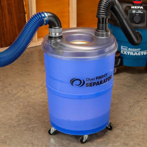 Rockler Dust Right Quick Change Elbow Adapter With Flexible Rubber Boot And Metal Clamp For Shop Vacs And Workshop Dust Collection Systems, blue separator with hose attachments.