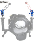 Two Hole 1 Inch Aluminum Underwater Camera Clamp Ball Mount Set for Dive Light Arms and Camera Trays, attached to camera rig.