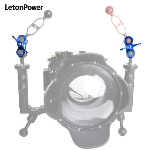 Two Hole 1 Inch Aluminum Underwater Camera Clamp Ball Mount Set for Dive Light Arms and Camera Trays, attached to camera rig.