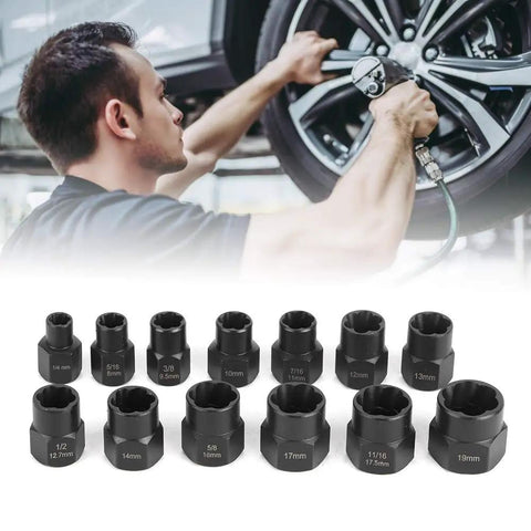 Mechanic using Bolt And Nut Removal Extractor Socket Tool Kit With Beast Grip, 3/8 Inch Square Drive for wheel bolts