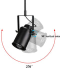Adjustable 3-Head Track Lighting Fixture In Black Wood Finish showing 90 degree vertical and 270 degree rotation angles.