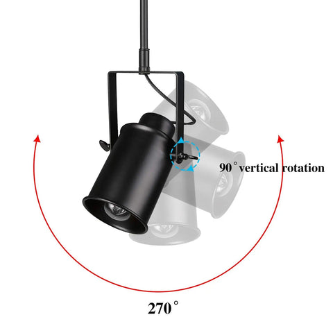 Adjustable 3-Head Track Lighting Fixture In Black Wood Finish showing 90 degree vertical and 270 degree rotation angles.