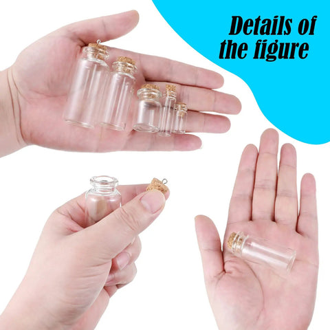 Rad Craft Supply Set Featuring 45 Mini Glass Potion Bottles With Tight Cork Stoppers And Durable Eye Hooks shown in hands.