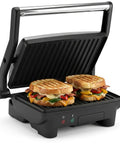 Elite Gourmet EPN-2976 2-in-1 Panini Press & Indoor Grill made from durable stainless steel grilling sandwiches.