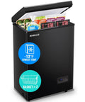 Freestanding Black Mini Chest Freezer With Precision Electronic Thermostat And Two Removable Baskets showing contents and temperature display.